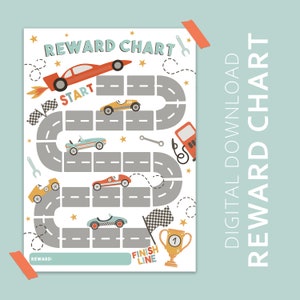 Può includere: Un grafico di ricompensa stampabile con un tema di auto da corsa. Il grafico ha una strada tortuosa con spazi per adesivi o segni di spunta. Il grafico include le parole "Reward Chart", "Start", "Finish Line" e "Reward".