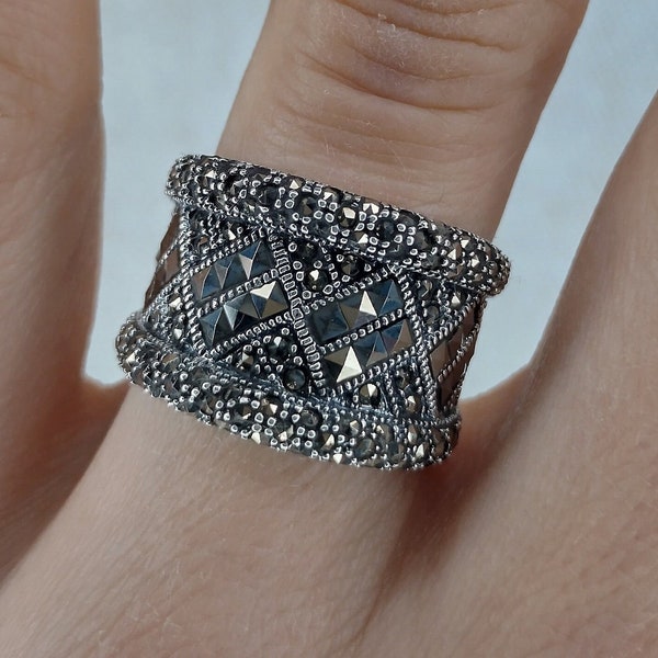 My S Collection 925 Sterling Silver Marcasite Wide Band RING