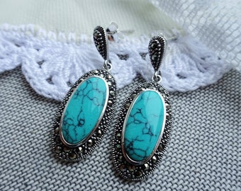 My S Collection 925 Sterling Silver, Marcasite & Turquoise Drop Earrings