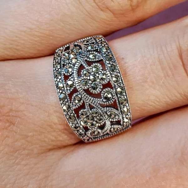 My S Collection 925 Sterling Silver Marcasite Floral Wide Band RING