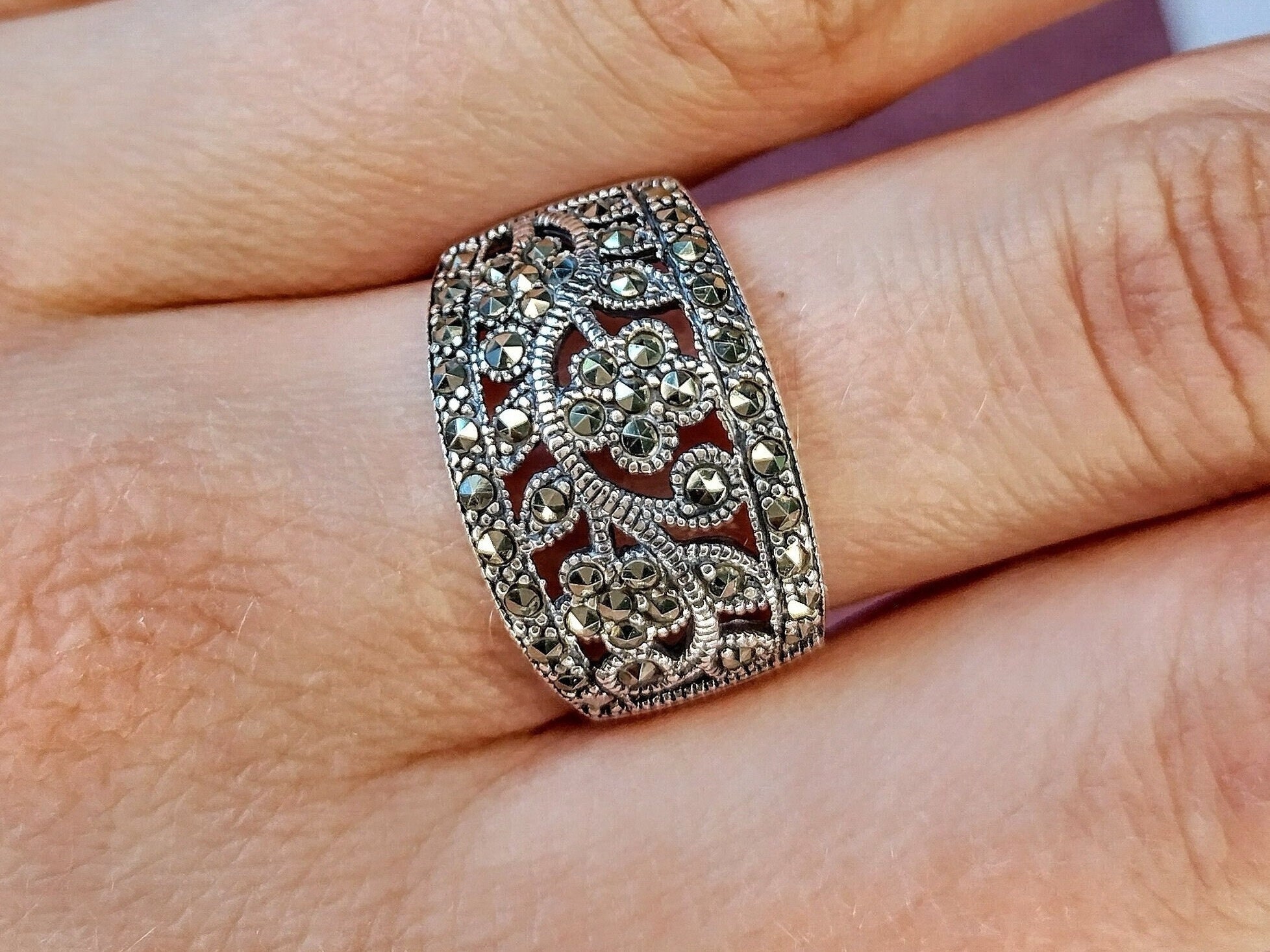 Novica Handmade Sterling Silver Marcasite Cocktail Ring 'Luminous Garden' - Thai Artisan Floral Design - View #12