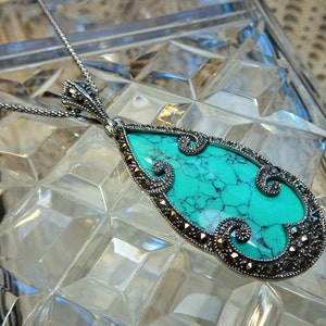 My S Collection 925 Sterling Silver, Marcasite & Turquoise Pendant with Chain
