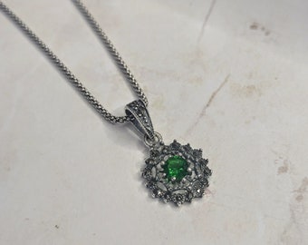 My S Collection 925 Sterling Silver & Marcasite  Pendant with Emerald Green Colour Stone and chain