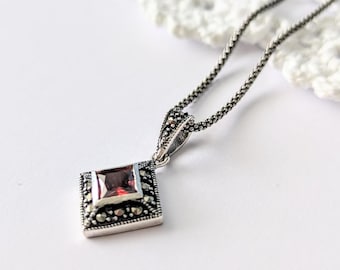 My S Collection 925 Sterling Silver & Marcasite Garnet Red Colour Pendant with Chain