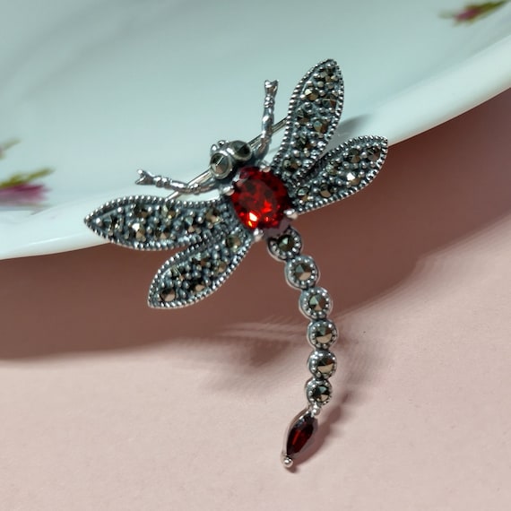 My S Collection 925 Sterling Silver Marcasite Red Dragonfly