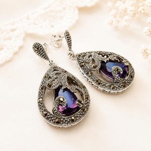 My S Collection 925 Sterling Silver Marcasite Earrings, amethyst colour CZ stones, drop, Vintage Inspired Jewelry, 925 Silver Gift for Her