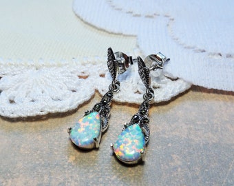 My S Collection 925 Sterling Silver, Marcasite & Opal Drop Earrings