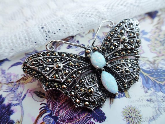 My S Collection 925 Sterling Silver Marcasite Opal Butterfly