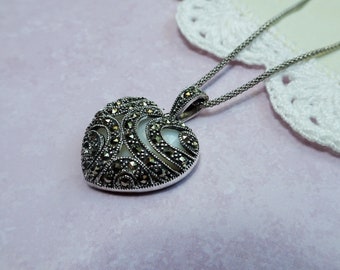 My S Collection 925 Silver, Marcasite & Mother of Pearl HeartPendant with Chain