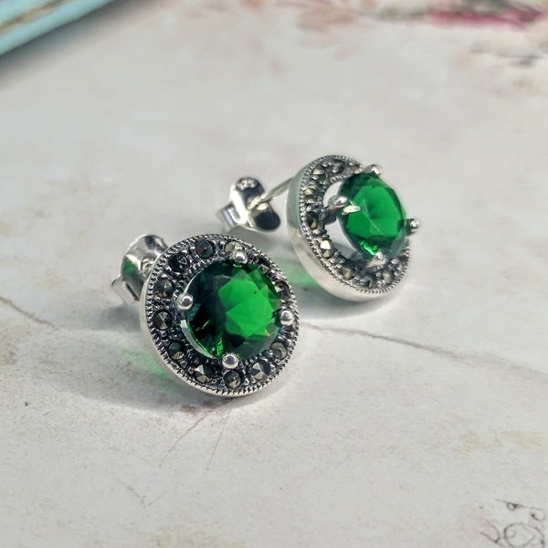 My S Collection 925 Sterling Silver & Marcasite Round Green Stud Earrings