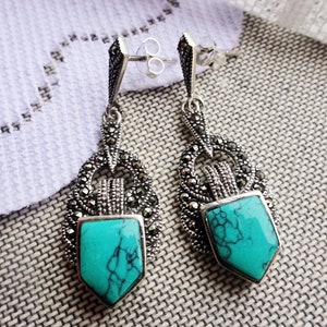 My S Collection 925 Sterling Silver Marcasite Earrings, green Turquoise stones, Vintage Inspired Jewelry, 925 Silver Gift for Her