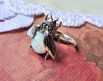 My S Collection 925 Sterling Silver, Marcasite & Opalite Bee RING