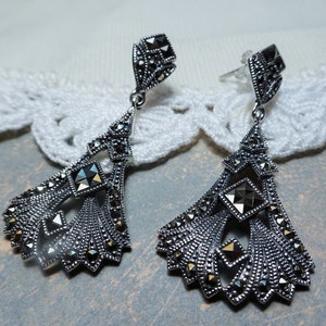 My S Collection 925 Sterling Silver & Marcasite Art Deco Long KiteShape Earrings