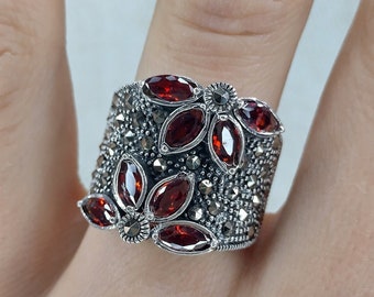 Full Finger Ring Large Silver Ring Marcasite Huge Ring Extra