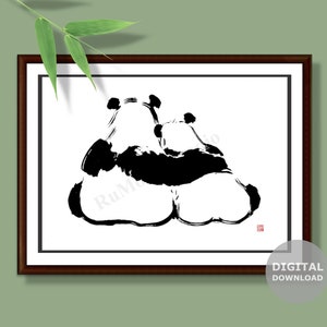 Panda Printable Wall Art|Animal Couple Print|DigitalDownload|Cute animal Poster|Black & White Panda Artful Art|Bedroom Boho Art Print|B004