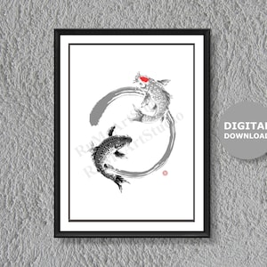 Digital Koi Fish & Enso Circle Wall Art|Sumi-e Painting|Zen Art|Yin Yang Carp Fish Poster|Fengshui Japanese Koi Print |Chinese Painting|B011