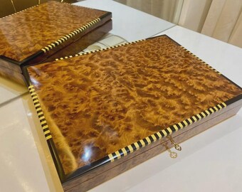 Large Moroccan Thuya Wood Jewelry Box with Brass Key – Handmade Keepsake Organizer, Lemonwood Inlay, Elegant Storage Gift for Her or Him