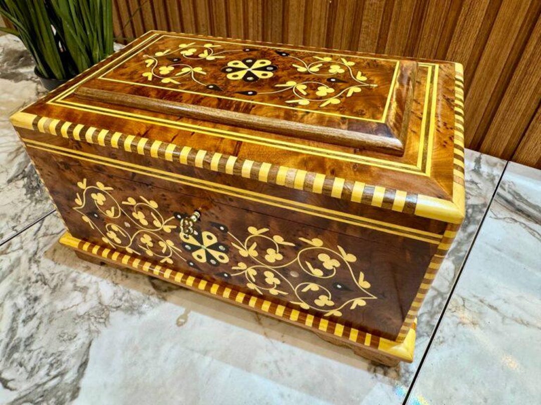 Handcrafted Wooden Box With Intricate Inlays of Mother of Pearl Glossy ...