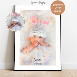 Custom Baby Portrait, Custom Watercolor New Born Portrait from Photo, Custom Watercolor Baby Painting, Customized Kids Portrait Sketch Art