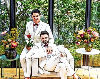 Same-Sex Wedding Portrait, Custom Gay Couple Wedding Portrait, Custom Gay Portrait LGBT Marriage Gift LGBT Engagement Gift Gay Proposal Gift