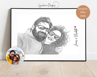 May include: Black and white sketch of a couple, a man and a woman, smiling and looking at the camera. The man has a beard and is wearing sunglasses. The woman has curly hair and is also wearing sunglasses. The text "James & Elizabeth" is written below the couple.