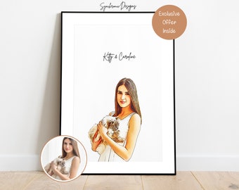 Custom Cat and Owner Portrait, Cat & Owner Colored Sketch, Cat And Owner Gift, Custom Cat Portrait, Pet Portrait, Gift For Cat Lover Cat Art