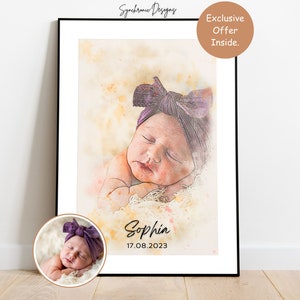 New Born Baby Portrait, Custom Watercolor New Born Portrait from Photo Watercolor Baby Portrait, Kids Portrait Custom Baby Portrait Painting