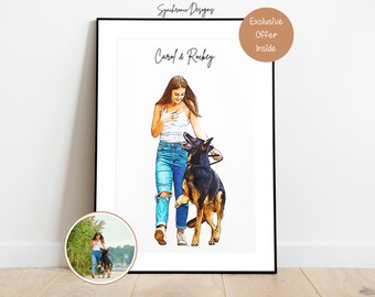 Dog & Owner Colored Sketch, Dog And Owner Gift, Custom Dog and Owner Portrait, Custom Dog Portrait, Dog Portrait, Gift For Dog Lover Dog Art