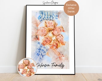 Custom Family Portrait From Photo, Personalized  Family Portrait,  Watercolor Family Portrait, Gift for Grandparents, Family Portraits Gift