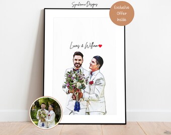 Custom Gay Couple Wedding Portrait, Custom Gay Portrait, Same Sex Wedding Portrait LGBT Marriage Gift LGBT Engagement Gift Gay Proposal Gift