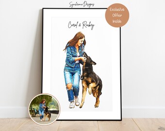 Dog & Owner Colored Sketch, Custom Dog and Owner Portrait, Custom Dog Portrait, Dog Portrait, Dog And Owner Gift, Gift For Dog Lover Dog Art