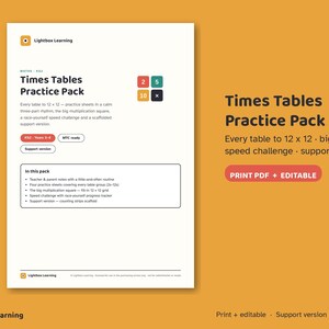 Pode incluir: Um documento educativo Times Tables Practice Pack da Lightbox Learning. A página branca apresenta texto preto, uma descrição de uma grelha 12x12 e um pequeno ícone quadrado colorido com os números 2, 5, 10 e um símbolo de multiplicação.