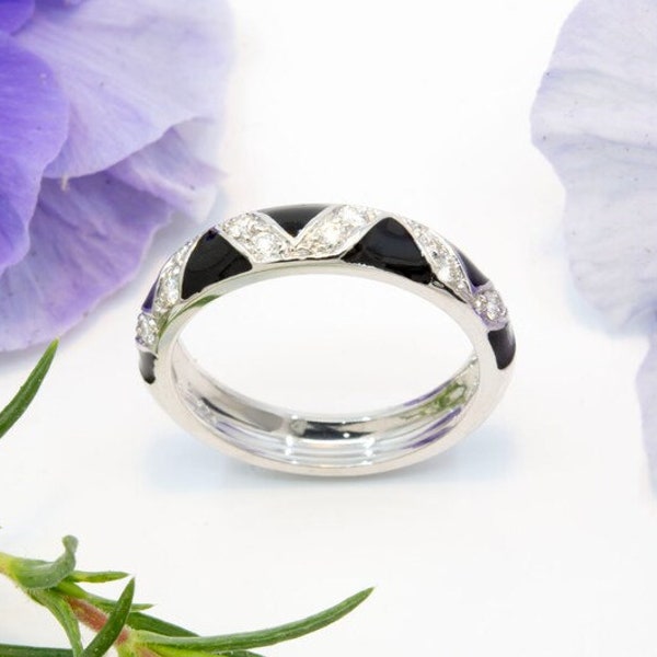 Hidalgo Black Enamel and Diamond Band; 18k white gold engagement rings