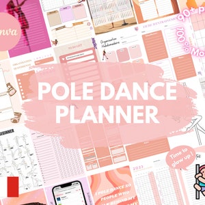 May include: A pink and white printable planner with the text "POLE DANCE PLANNER" in a pink circle. The planner includes pages for to-do lists, weekly organization, and pole dance routines. The planner is designed for pole dancers and includes illustrations of pole dancers.