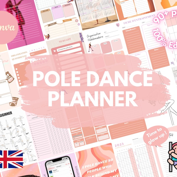 POLE DANCE PLANNER | Digital editable and printable on Canva (pdf, jpeg, png...) | Pole Dance Calendars, Posters, Training...