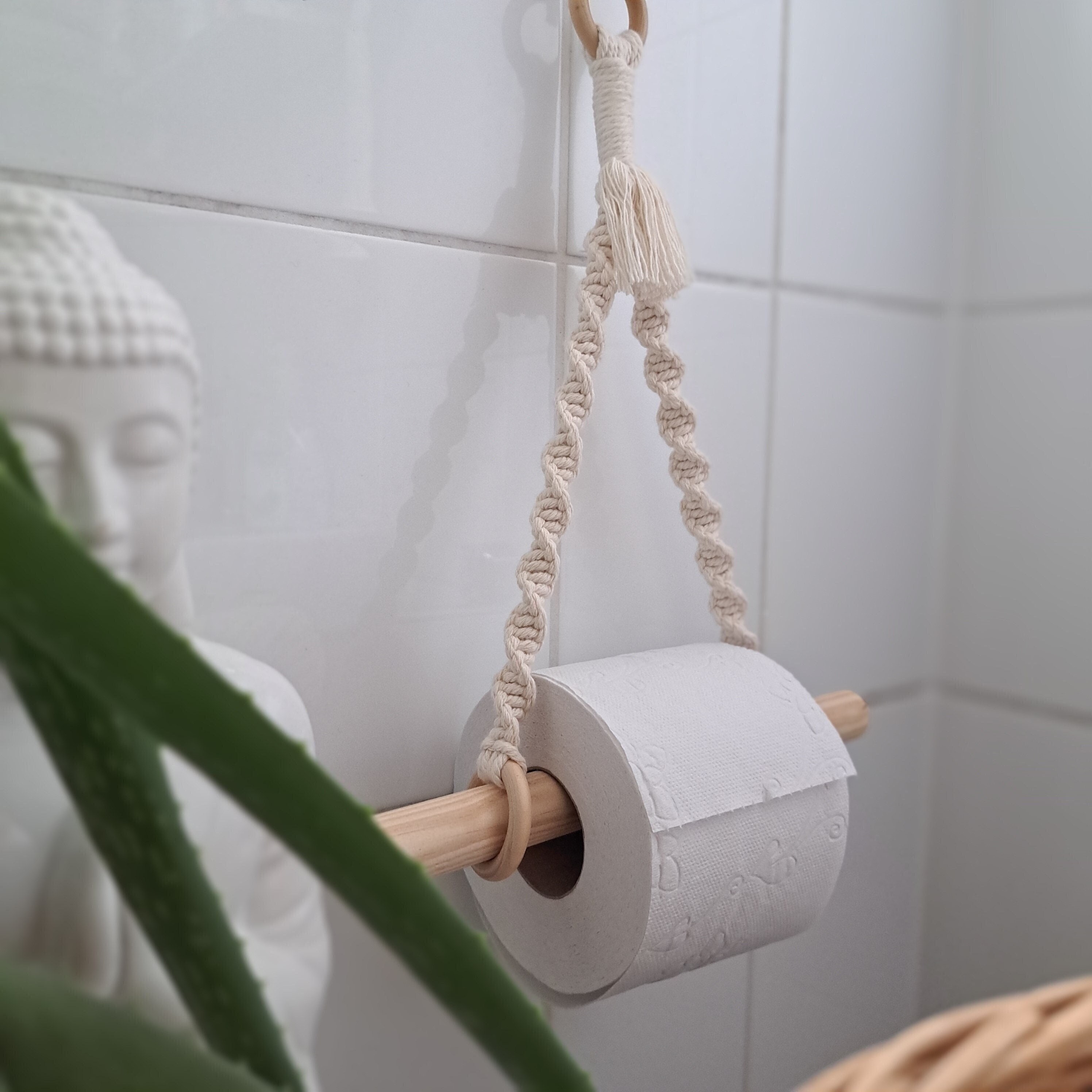 Tiardey Toilettenpapierhalter Aus Holz & Hanfseil – Selbstklebend Oder Mit Schrauben, Retro-Design (Mond-Motiv)