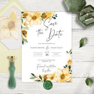 SunnySmiles Floral Wedding Save The Date Template, giallo modificabile e stampabile Save the Date Card, download istantaneo