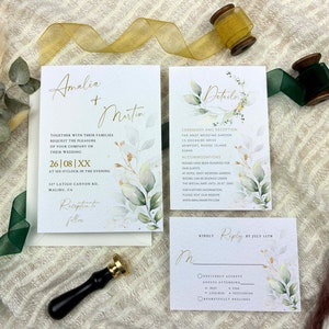 GLEAM Wedding Invitation Set Template, Greenery and Gold Wedding Invitation Set, Editable & Printable Invites, Greenery Invitation Set, DIY.