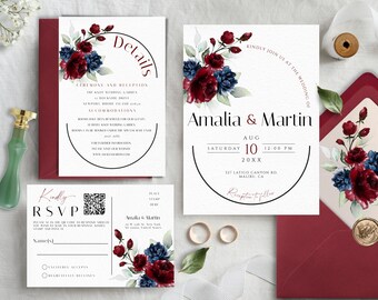 Burgundy & Navy Wedding Invite Set with QR Code (DIY Printable)