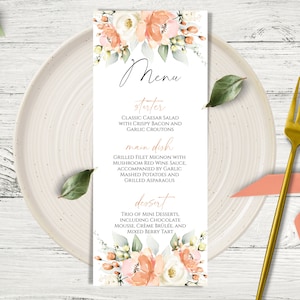 PEACH elegantie, bruiloft voedsel menusjabloon, perzik en witte bruiloftsmenu, bewerkbare en afdrukbare bruiloftsmenu, DIY gepersonaliseerd gastenmenu.