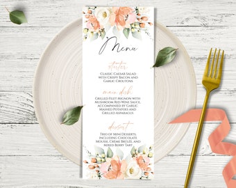 Peach Floral Wedding Menu Template: Elegant DIY Printable
