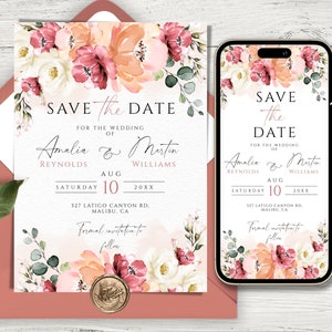 Florale Hochzeit Save The Date Vorlage, bearbeitbare E-Vites für SmartPhone und Print, Peach Blossom E-Vites, Peach Fuzz Farbe des Jahres 2024.