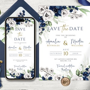 Navy Blue and White Wedding Save the Date Template, Floral OCEAN Blue Save the Date Template For Phone and Print, Editable and Printable DIY