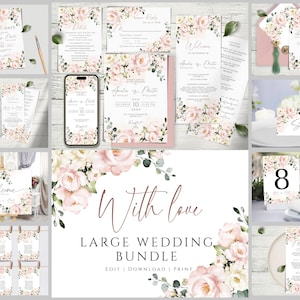 Blush Pink Floral Wedding Invitation Set, Soft Pink Mega Bundle Template, Customizable and Printable Bundle for a Timeless Celebration, DIY.