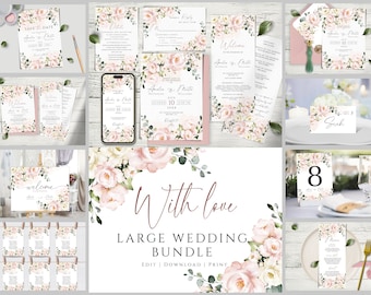 Blush Pink Floral Wedding Invitation Set, Soft Pink Mega Bundle Template, Customizable and Printable.
