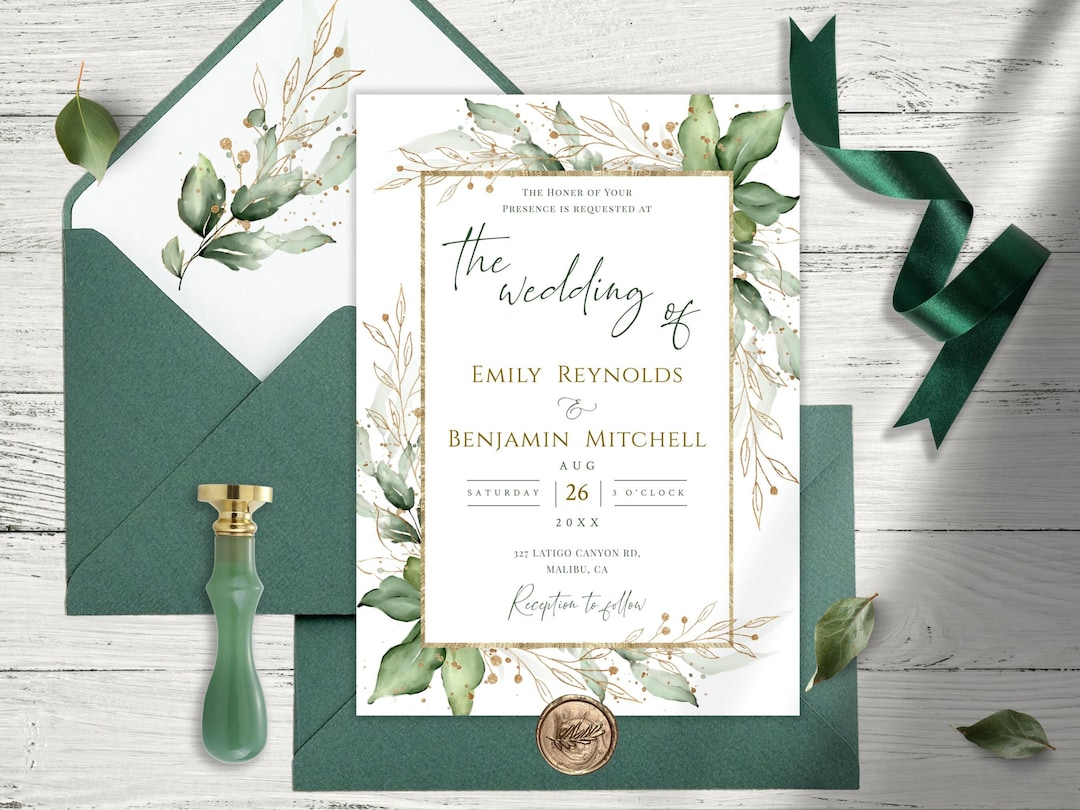 Gold Leaf Greenery Wedding Invitation Template (digital Download) - Etsy