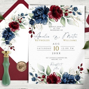 Burgund und Marine Blumen Hochzeitseinladung Vorlage für den Druck, bearbeitbar und druckbar, Burgund und Blau Hochzeitseinladungen, SOFORTIGER Download.