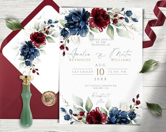 Burgundy Navy Floral Wedding Invitation Template: Printable & Editable (Instant Download)