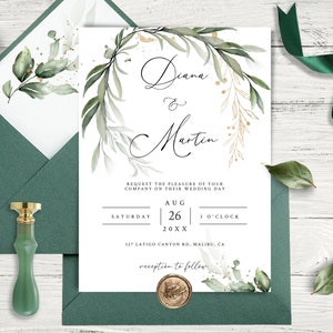 Plantilla de invitación de boda GREENRY, invitaciones para una celebración atemporal, editable e imprimible, papelería de eucalipto, bricolaje