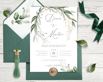 May include: A wedding invitation with a green and gold watercolor design featuring leafy branches and gold accents. The invitation reads "Diana & Martin" and includes the date, time, and location of the wedding. The text "reception to follow" is also included.